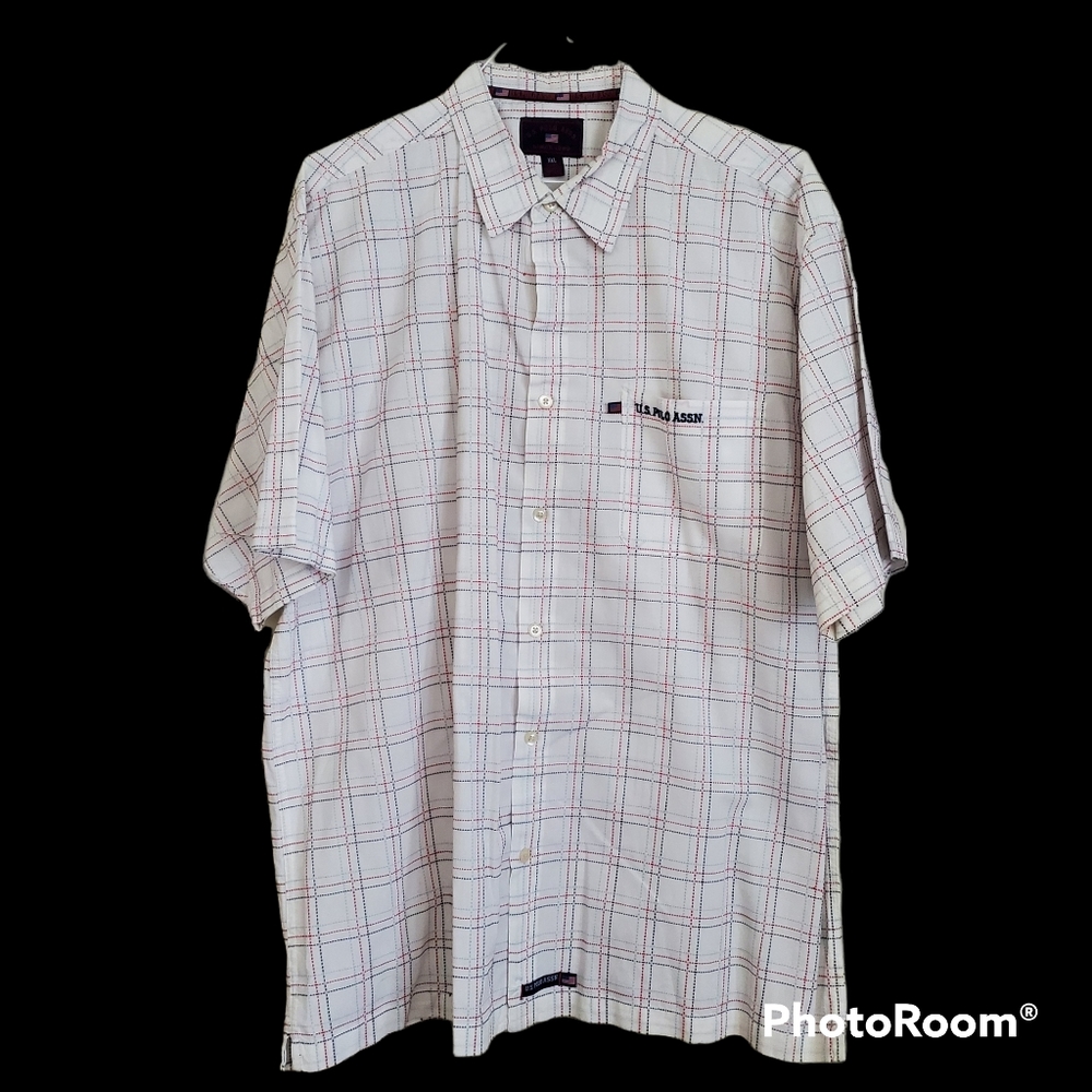 U. S. Polo Assn. Shirt Short Sleeve White-Red-Blue Plaid Size XXL Button-Down